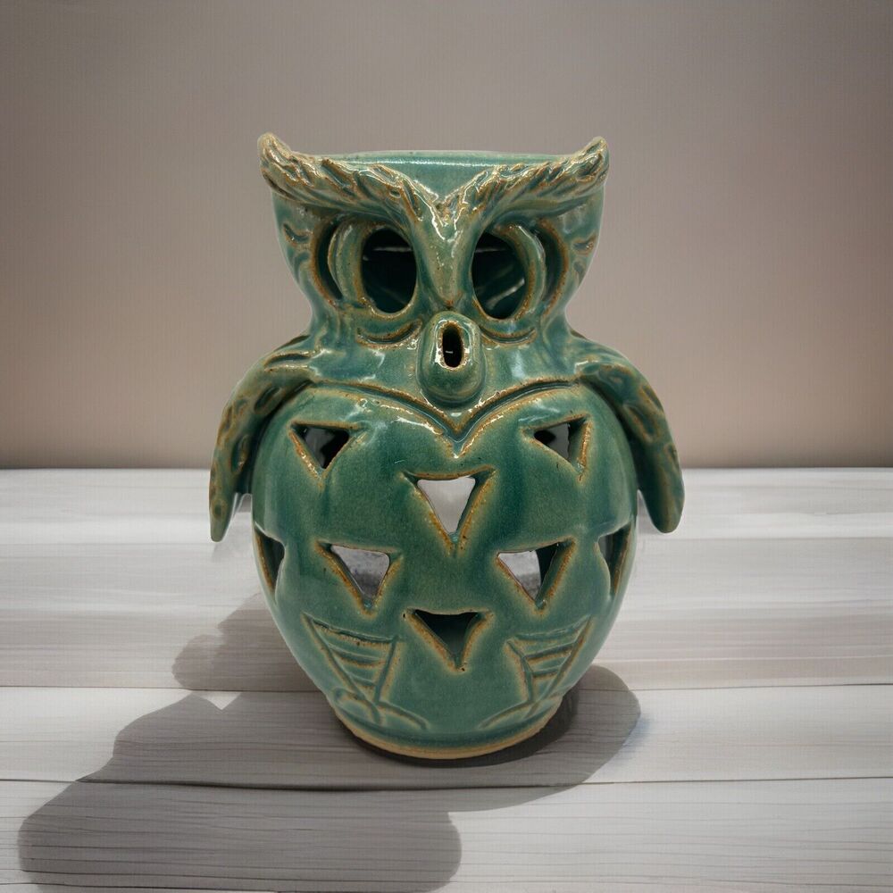 Round Green Owl Glazed Pottery Figurine Sculpture Home Decor Tea Lite Fall